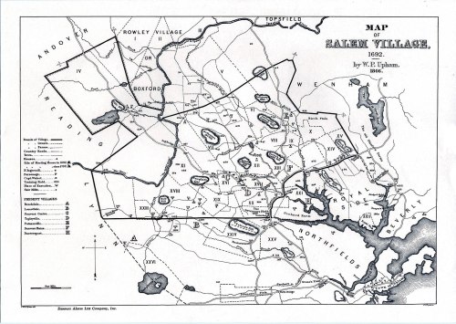 Map of Salem Village, 1622, by W.E. Upham, showing land divisions and notable locations in a historical layout.