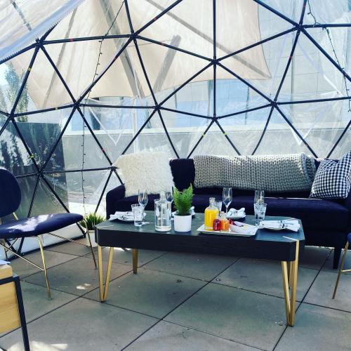 A cozy indoor space with a black sofa, coffee table, and decorative plants inside a geodesic dome.