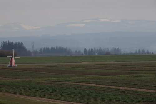 A windmill stands in a green field with distant mountains and a hazy sky in the background.