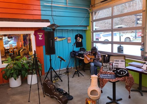 A musician plays guitar in a colorful indoor space with plants and a sign for Thomas Hinds Music.