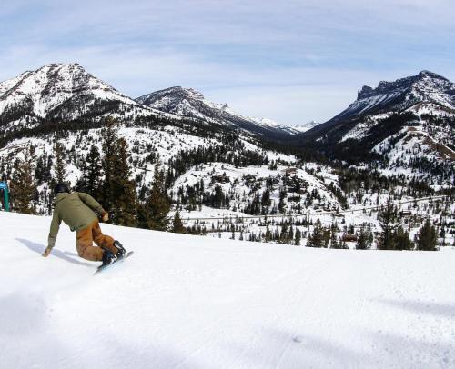 A snowboarder carves down a snowy slope with mountains and trees in the background under a clear sky.