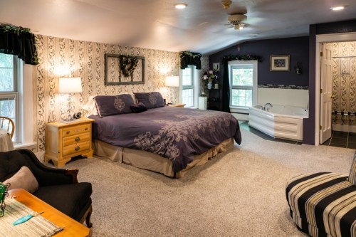 Cozy bedroom with a large bed, armchair, and en-suite bathroom featuring a tub, surrounded by natural light.