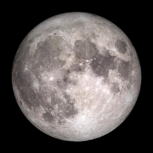 A detailed view of the full moon, showcasing its craters and surface texture against a black background.