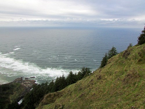 A coastal view with rolling waves, green cliffs, and a cloudy sky over the ocean.
