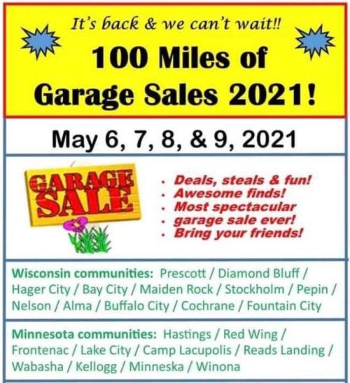 Promotional flyer for 100 Miles of Garage Sales 2021, featuring dates and participating Wisconsin and Minnesota communities.