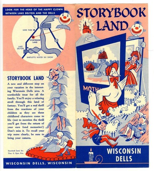 Vintage brochure for Storybook Land in Wisconsin Dells, featuring a map and whimsical illustrations of characters and attractions.