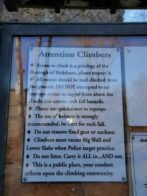 Sign with climbing rules for the Borough of Birdsboro, emphasizing safety and responsible climbing practices.