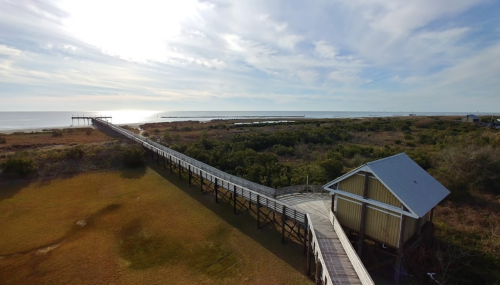 A wooden boardwalk leads to a pier over a calm sea, surrounded by greenery and a clear sky.