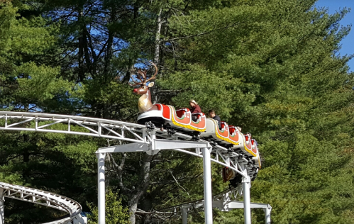 A roller coaster with a reindeer design, surrounded by tall green trees, as riders enjoy the ride.