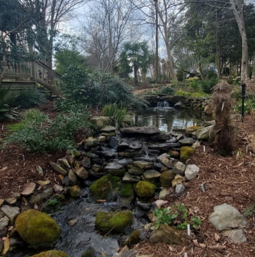 A serene garden scene featuring a small pond, rocks, and lush greenery, with a wooden bridge in the background.