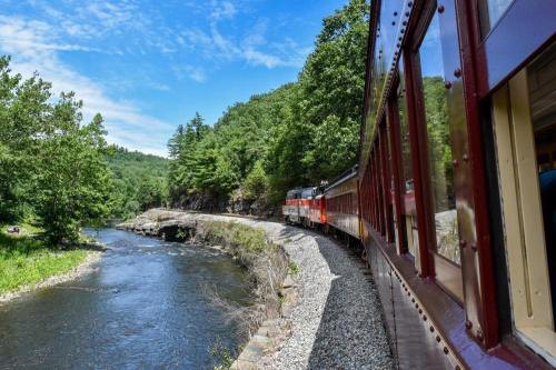 A vintage train curves along a riverbank, surrounded by lush green trees and a clear blue sky.