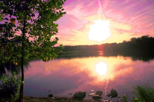 A vibrant sunset over a calm lake, with colorful skies reflecting on the water and a tree in the foreground.
