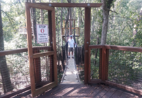 A person walks across a suspended bridge in a forest, with a "STOP" sign nearby indicating safety rules.