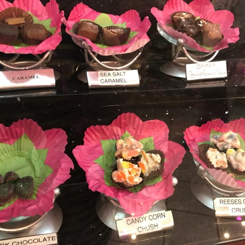 A display of assorted chocolates in pink paper cups, including caramel, sea salt caramel, and candy corn crunch.