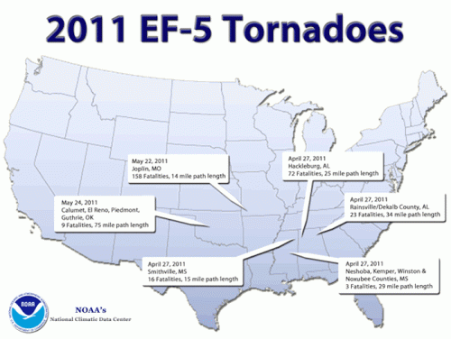 Map of the U.S. showing locations and details of EF-5 tornadoes in 2011, including dates, fatalities, and path lengths.