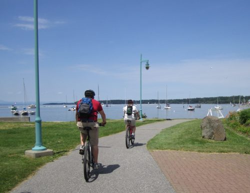 Two cyclists ride along a path by the water, with sailboats in the background and greenery lining the walkway.