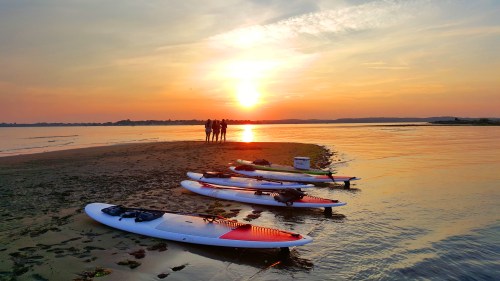 Silhouetted figures stand by the water at sunset, with paddleboards resting on the sandy shore.