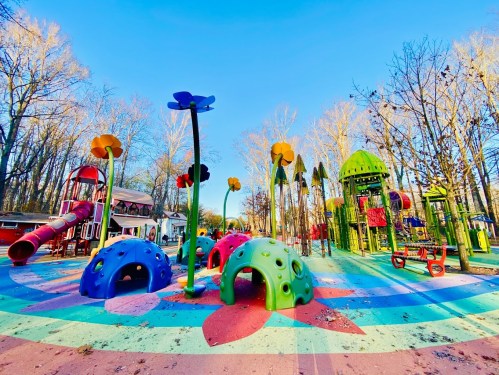 Colorful playground with flower-themed structures, slides, and climbing areas, surrounded by trees under a clear blue sky.