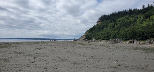 A sandy beach with a cloudy sky, surrounded by green hills and distant figures walking along the shore.