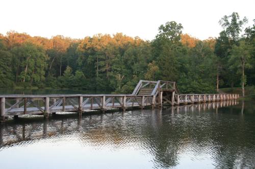 A wooden bridge extends over calm water, surrounded by lush green trees and a serene landscape at sunset.