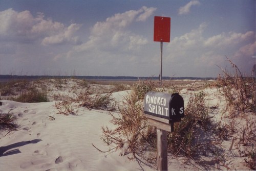 A mailbox labeled "Kindred Spirits" stands on a sandy beach with grass and a red sign in the background under a blue sky.