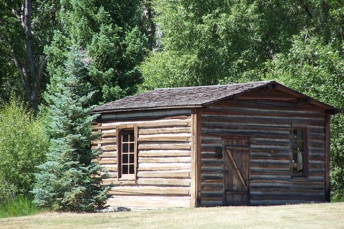 A rustic log cabin surrounded by trees in a grassy area, featuring a wooden door and windows.