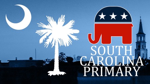 Graphic featuring the South Carolina primary logo, a palm tree, crescent moon, and a silhouette of a church steeple.
