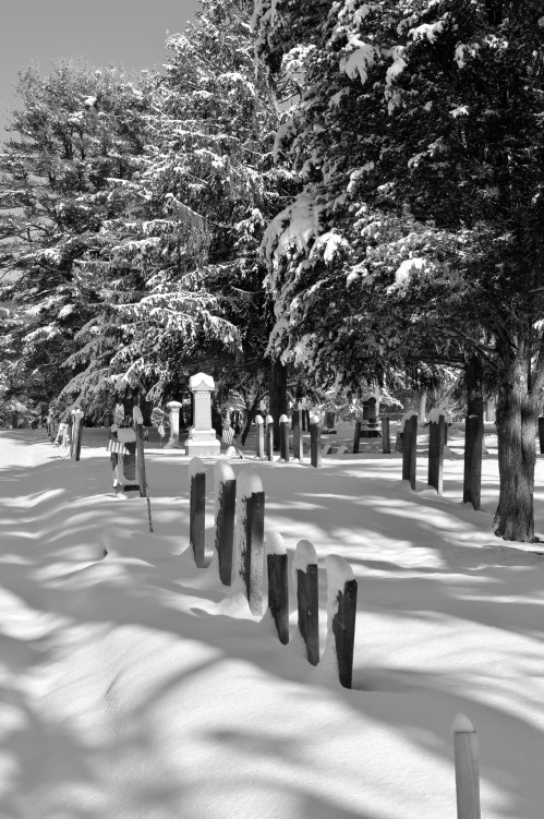 A snowy cemetery scene with gravestones and trees, captured in black and white. Shadows cast over the snow-covered ground.