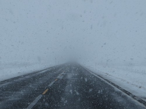 A snowy road disappears into a white fog, with heavy snowfall obscuring visibility.