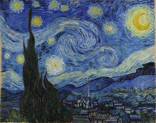 A swirling night sky filled with stars and a bright moon over a quiet village, with cypress trees in the foreground.
