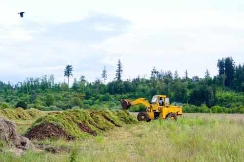 A yellow loader machine moves grass clippings in a green field surrounded by trees under a cloudy sky.