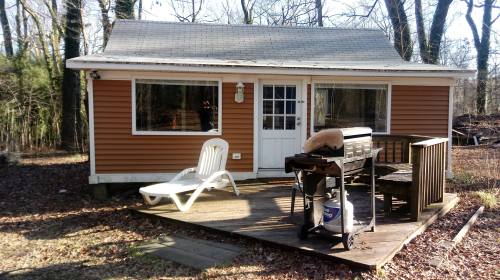 A small brown cabin with a porch, a grill, and a white chair, surrounded by trees and fallen leaves.