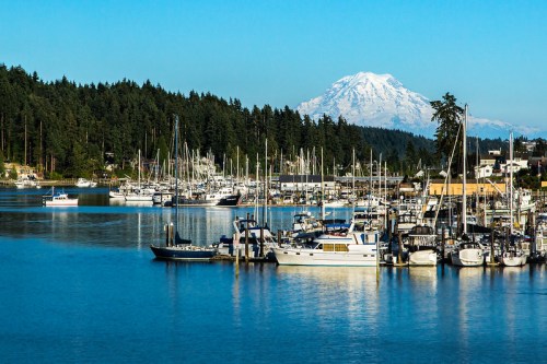 A serene marina with boats docked, surrounded by trees and a snow-capped mountain in the background under a clear blue sky.