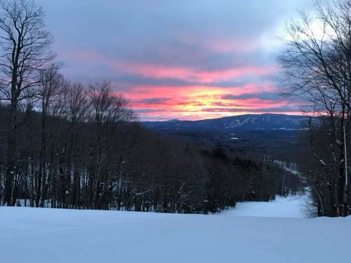 A snowy landscape at sunset, with trees silhouetted against vibrant pink and orange clouds in the sky.