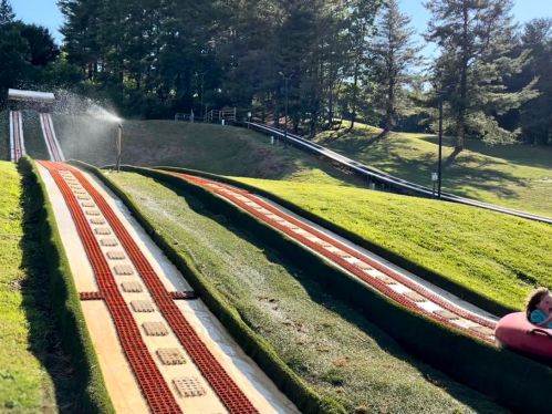 A summer scene of a grassy slide area with two water slides and a child on a tube, surrounded by trees.