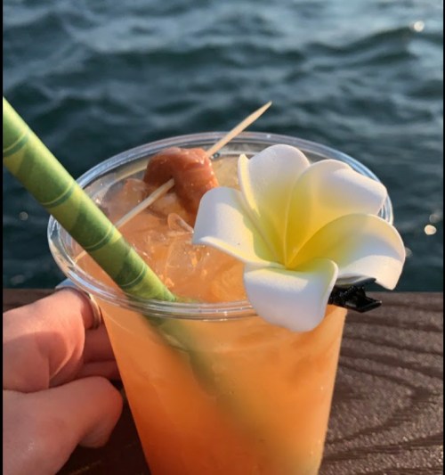 A refreshing tropical drink with a flower garnish and a green straw, held against a backdrop of water.