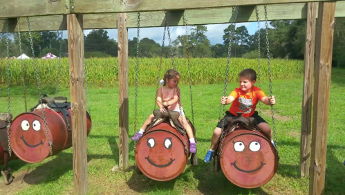 Two children sit on smiling barrel swings in a grassy field, surrounded by trees and a cornfield in the background.