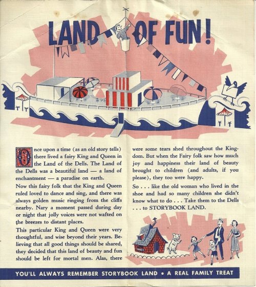 Illustration of a whimsical amusement park with a castle, boats, and joyful characters, titled "Land of Fun!"