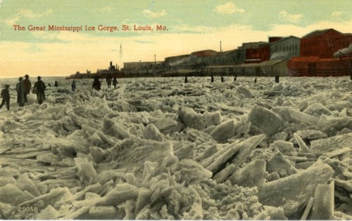 Historic postcard of the Great Mississippi Ice Gorge in St. Louis, featuring ice formations and people on the frozen river.