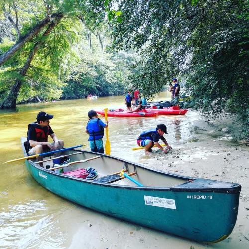 A group of people kayaking and playing by a riverbank, with one child exploring the shore and others in canoes.