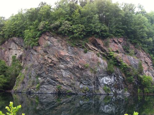 A rocky cliff covered in greenery, reflecting in calm water below.