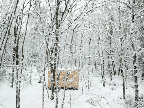 A cozy cabin nestled among snow-covered trees in a winter forest.