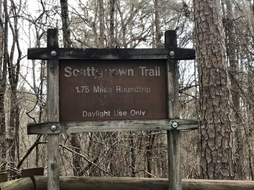 Sign for Scattertown Trail, indicating a 1.75-mile roundtrip and daylight use only, surrounded by trees.