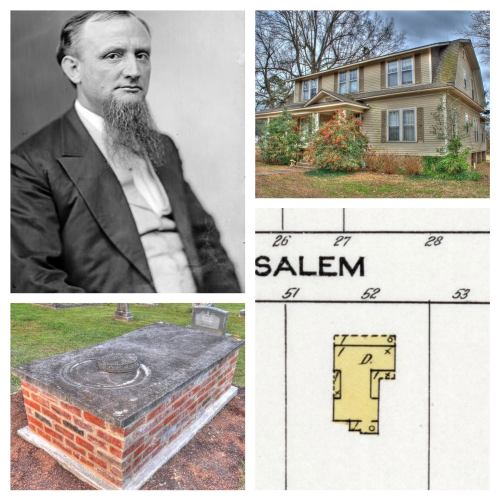 Collage featuring a historical figure, a house, a gravestone, and a map section labeled "Salem."