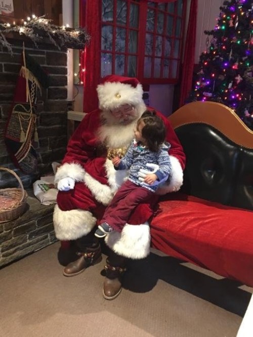 A child sits on Santa's lap, smiling, in a festive room decorated for Christmas with a tree and lights.