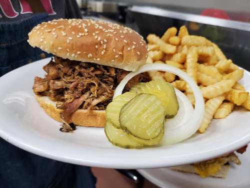 A plate with a pulled pork sandwich topped with pickles and onions, served with crinkle-cut fries.
