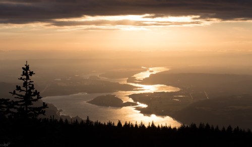 A scenic view of a winding river reflecting sunlight, surrounded by mountains and trees under a cloudy sky.