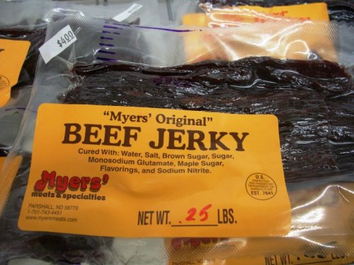 Package of "Myers' Original" beef jerky, labeled with ingredients and weight of 0.25 lbs. Price: $4.00.