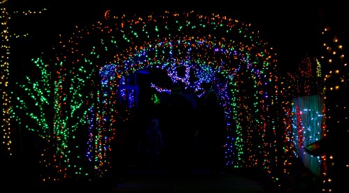 A colorful archway of holiday lights with silhouettes of people walking through at night.