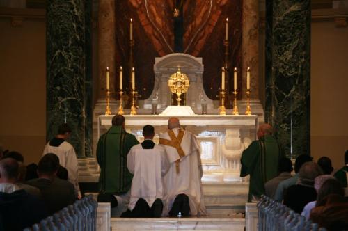 Clergy and worshippers kneel in prayer before an altar with a golden monstrance and lit candles in a church setting.